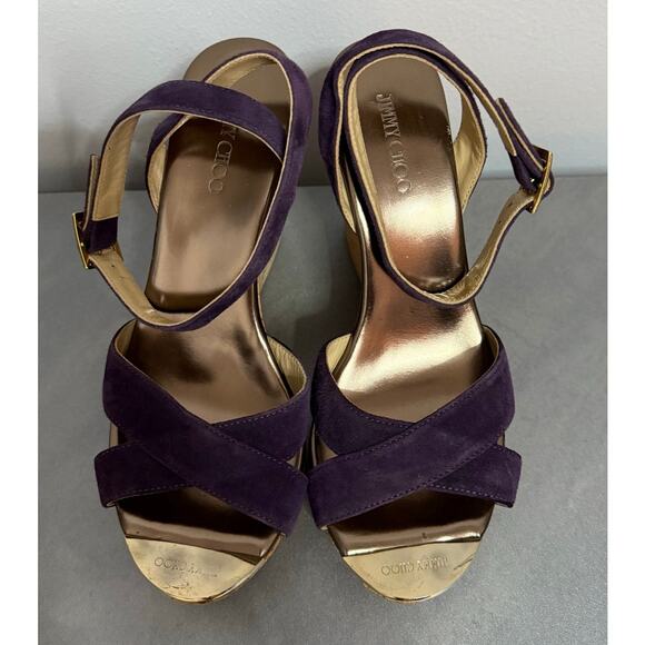 Jimmy Choo Purple Wedge Suede Upper Heels for Women Size 38.5 Us 8 gold accents - Picture 3 of 9
